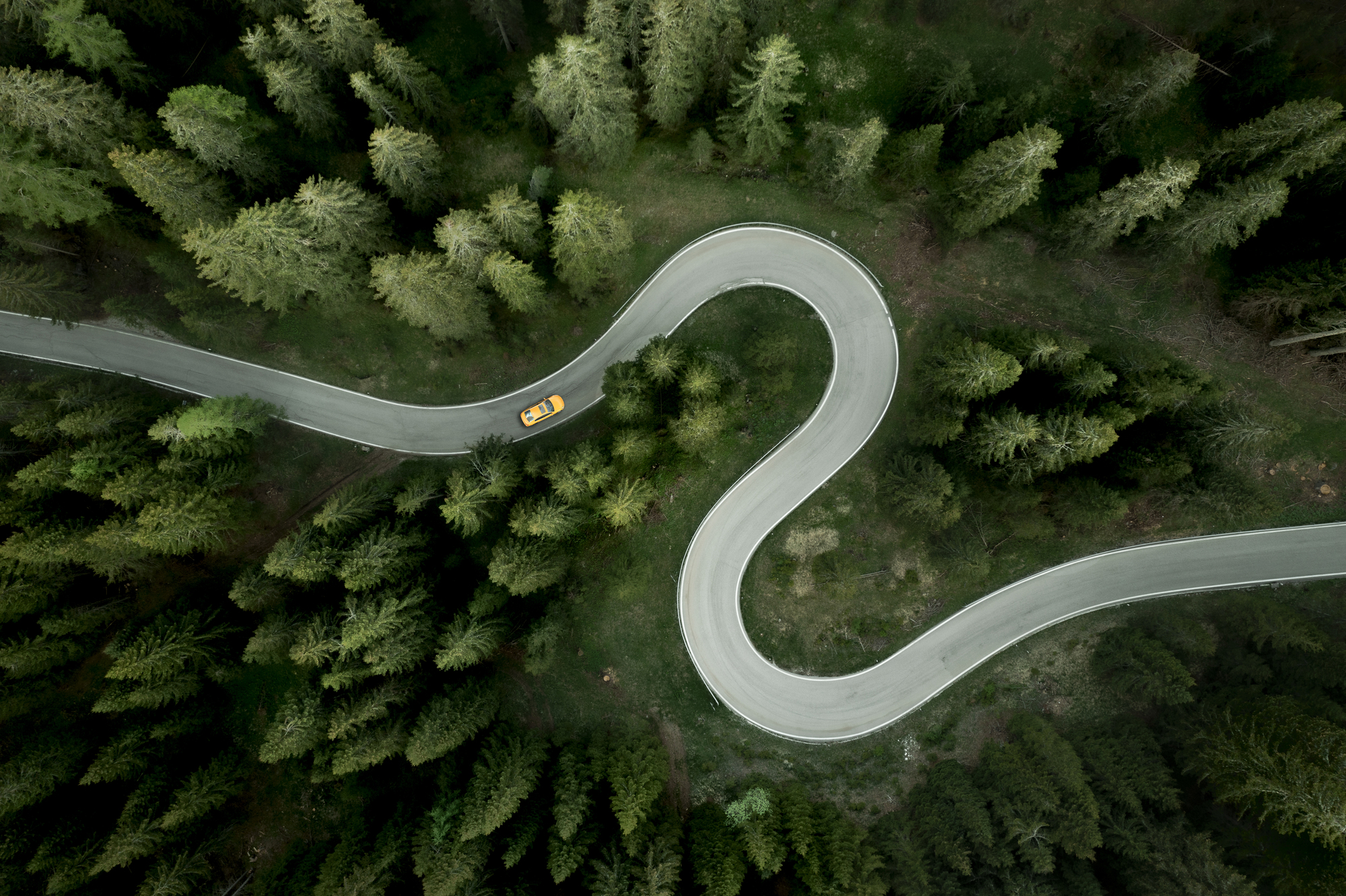 Car traveling on windy road through a mountain forest