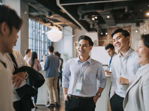 Business professionals networking and discussing ideas during a business event
