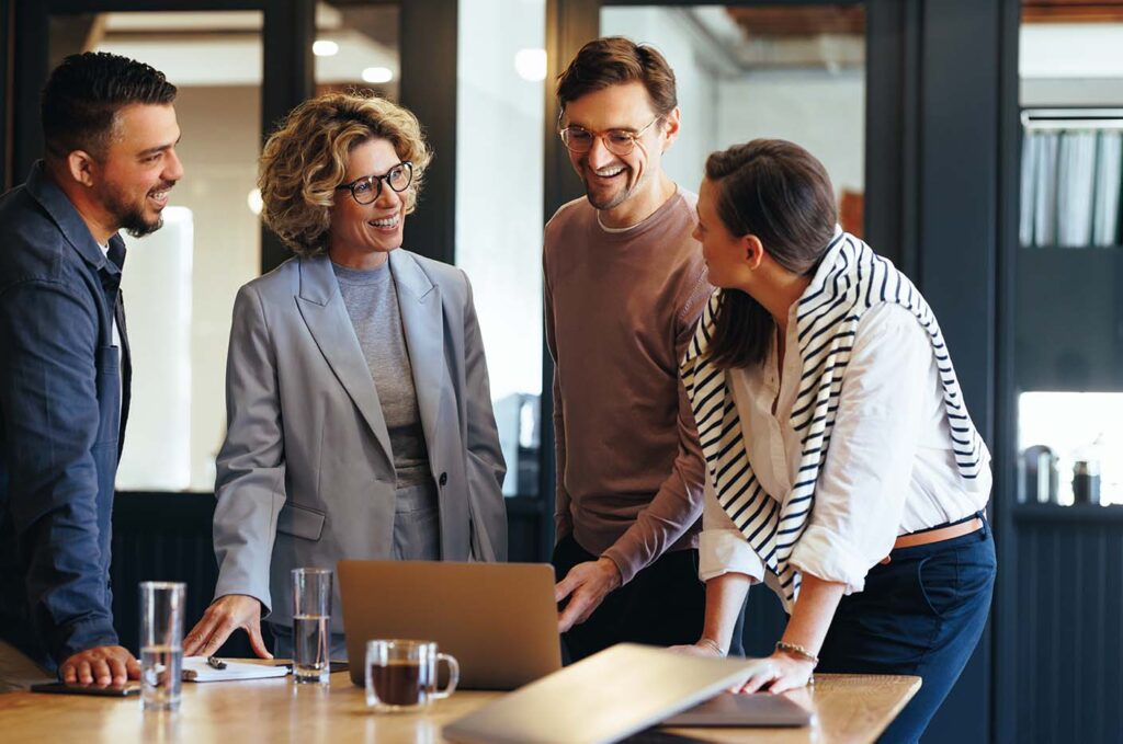Business professionals collaborating during a meeting in a modern office
