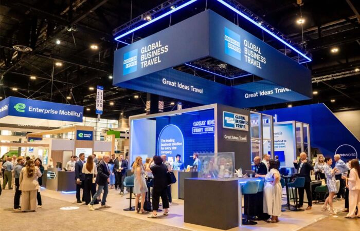 Composite banner showing the Amex GBT booth and conference networking at GBTA Convention 2026